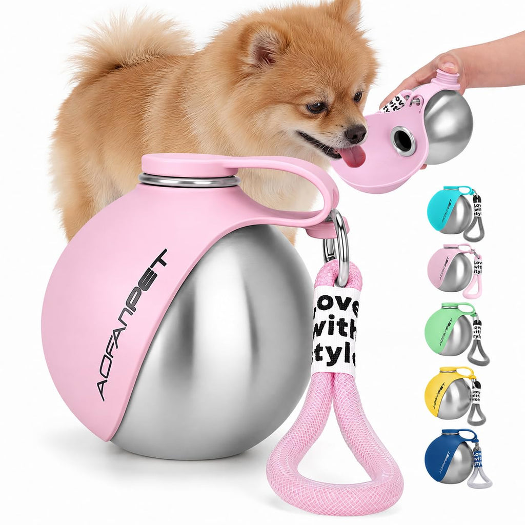 Portable Dog Water Bottle 10oz Stainless Steel Travel Dog Water Dispenser with Bowl No-Spill Puppy Water Bottle for Walking Hiking Small Dog Water Bottle (Sapphire Blue)