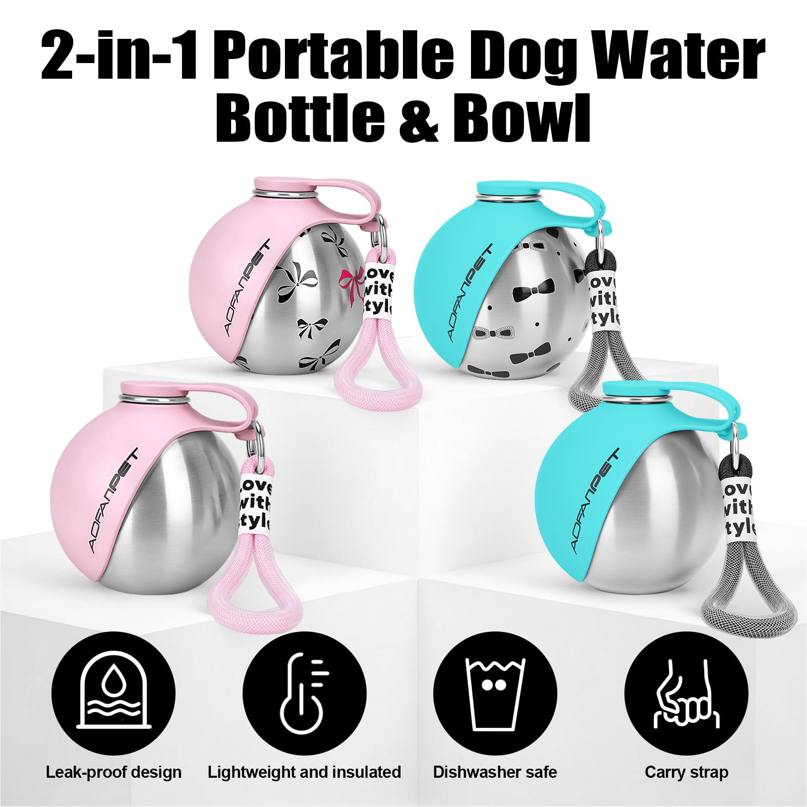 Portable Dog Water Bottle 10oz Stainless Steel Travel Dog Water Dispenser with Bowl No-Spill Puppy Water Bottle for Walking Hiking Small Dog Water Bottle (Sapphire Blue)