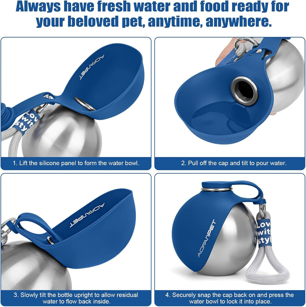 Portable Dog Water Bottle 10oz Stainless Steel Travel Dog Water Dispenser with Bowl No-Spill Puppy Water Bottle for Walking Hiking Small Dog Water Bottle (Sapphire Blue)