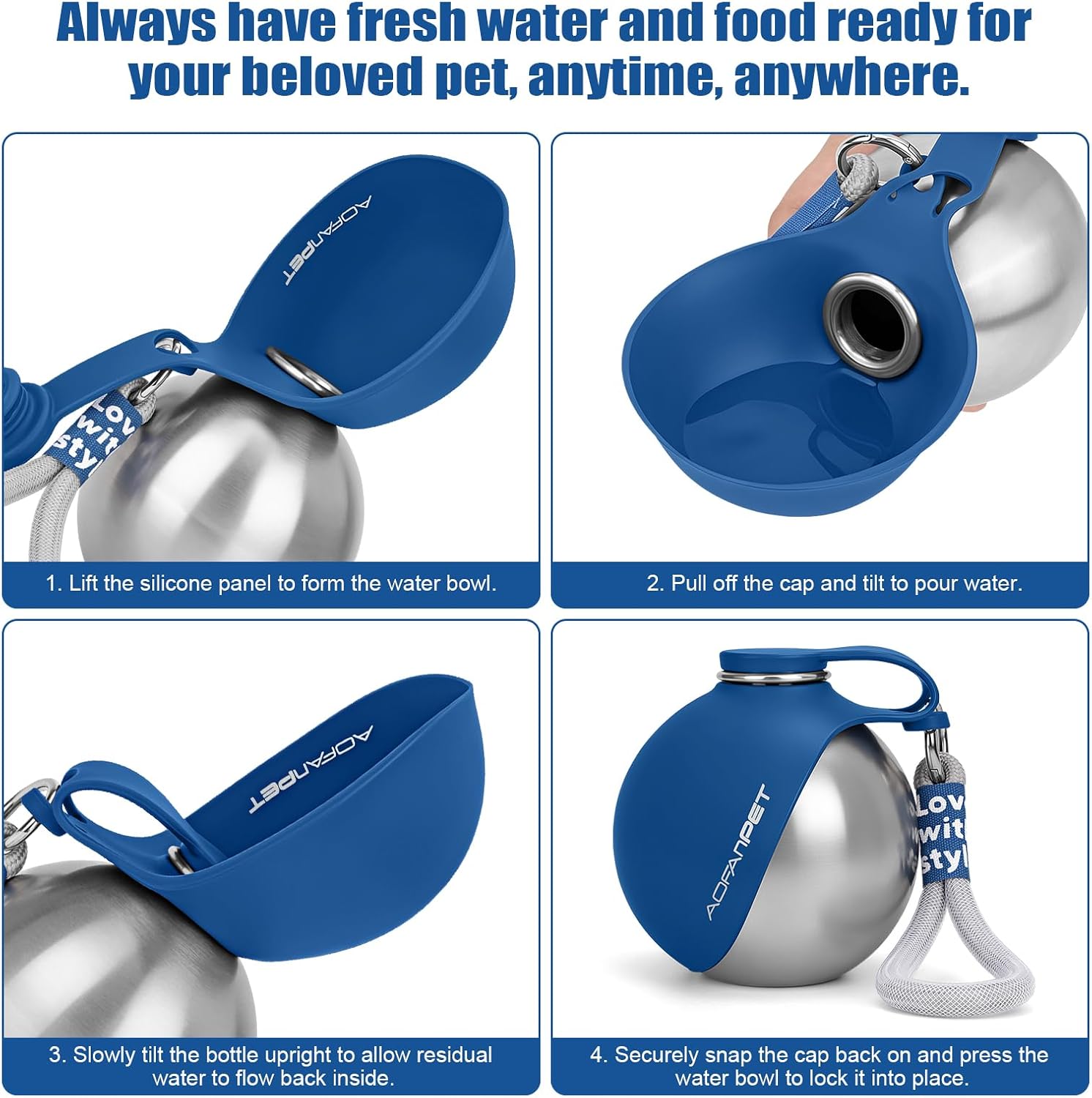 Portable Dog Water Bottle 10oz Stainless Steel Travel Dog Water Dispenser with Bowl No-Spill Puppy Water Bottle for Walking Hiking Small Dog Water Bottle (Sapphire Blue)