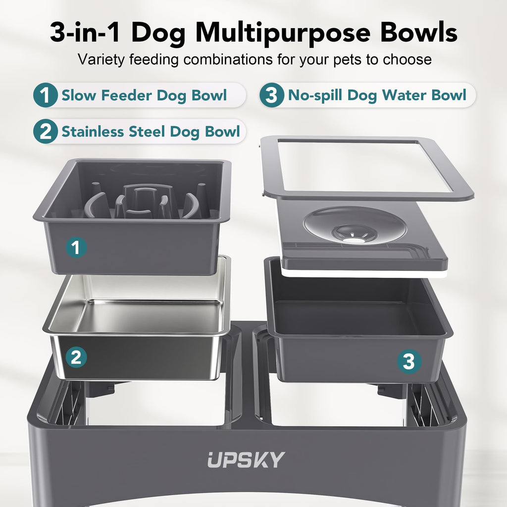 UPSKY 2-in-1 Elevated Dog Bowls Set with 4 Height Adjustable Stand, Balck
