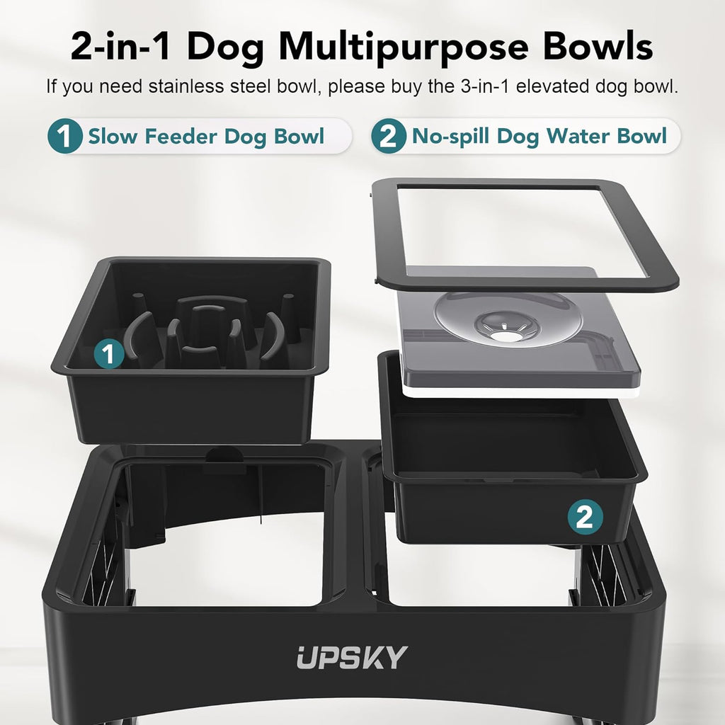 UPSKY 2-in-1 Elevated Dog Bowls Set with 4 Height Adjustable Stand, Balck