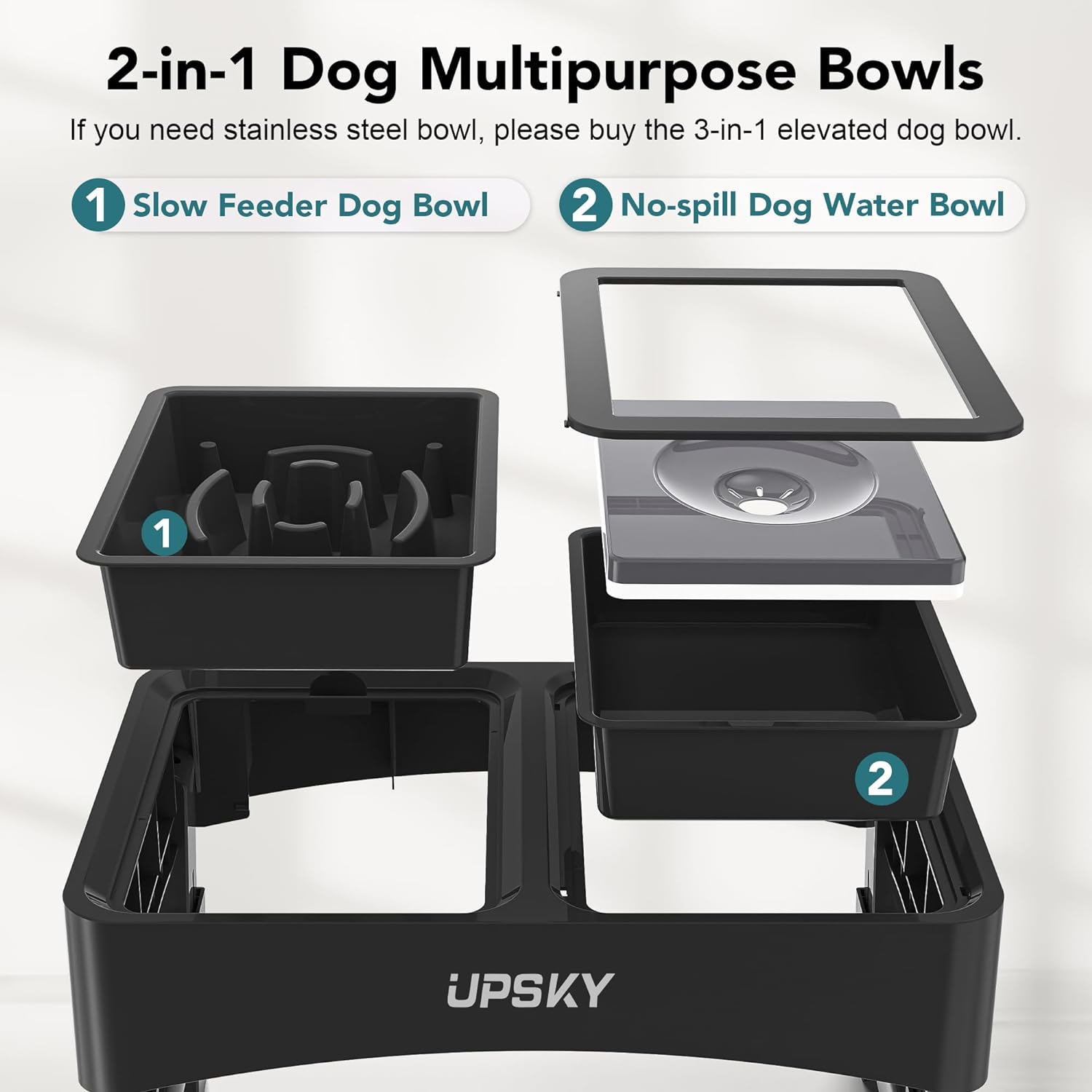 UPSKY 2-in-1 Elevated Dog Bowls Set with 4 Height Adjustable Stand, Balck