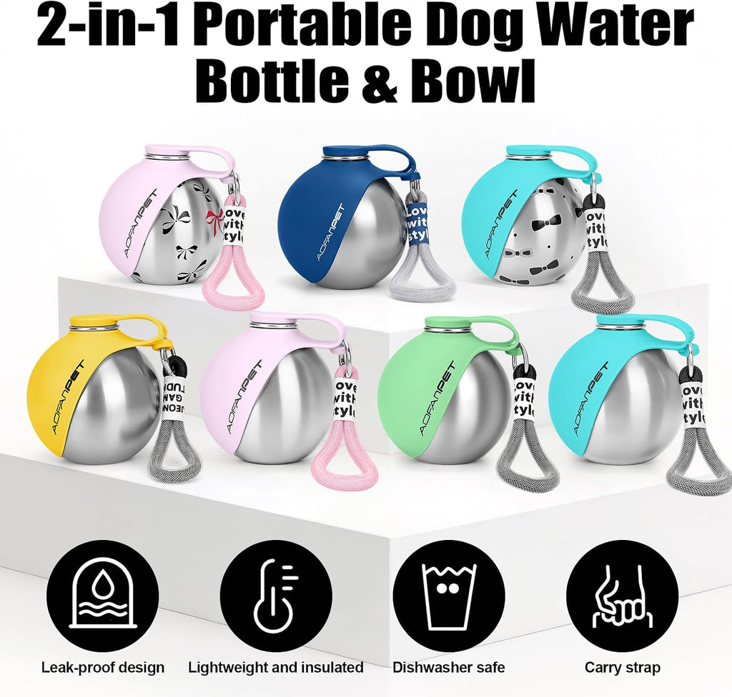 Portable Dog Water Bottle 10oz Stainless Steel Travel Dog Water Dispenser with Bowl No-Spill Puppy Water Bottle for Walking Hiking Small Dog Water Bottle (Sapphire Blue)