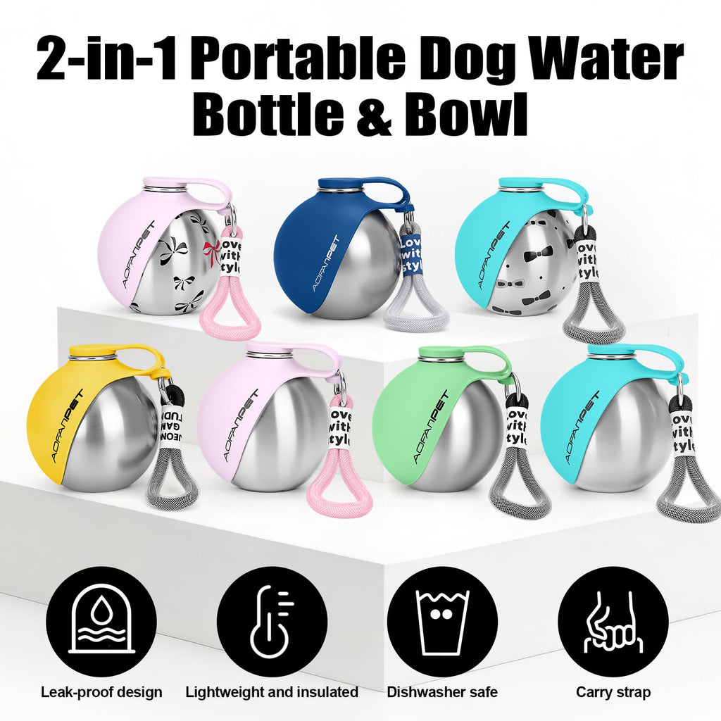 Portable Dog Water Bottle 10oz Stainless Steel Travel Dog Water Dispenser with Bowl No-Spill Puppy Water Bottle for Walking Hiking Small Dog Water Bottle (Sapphire Blue)