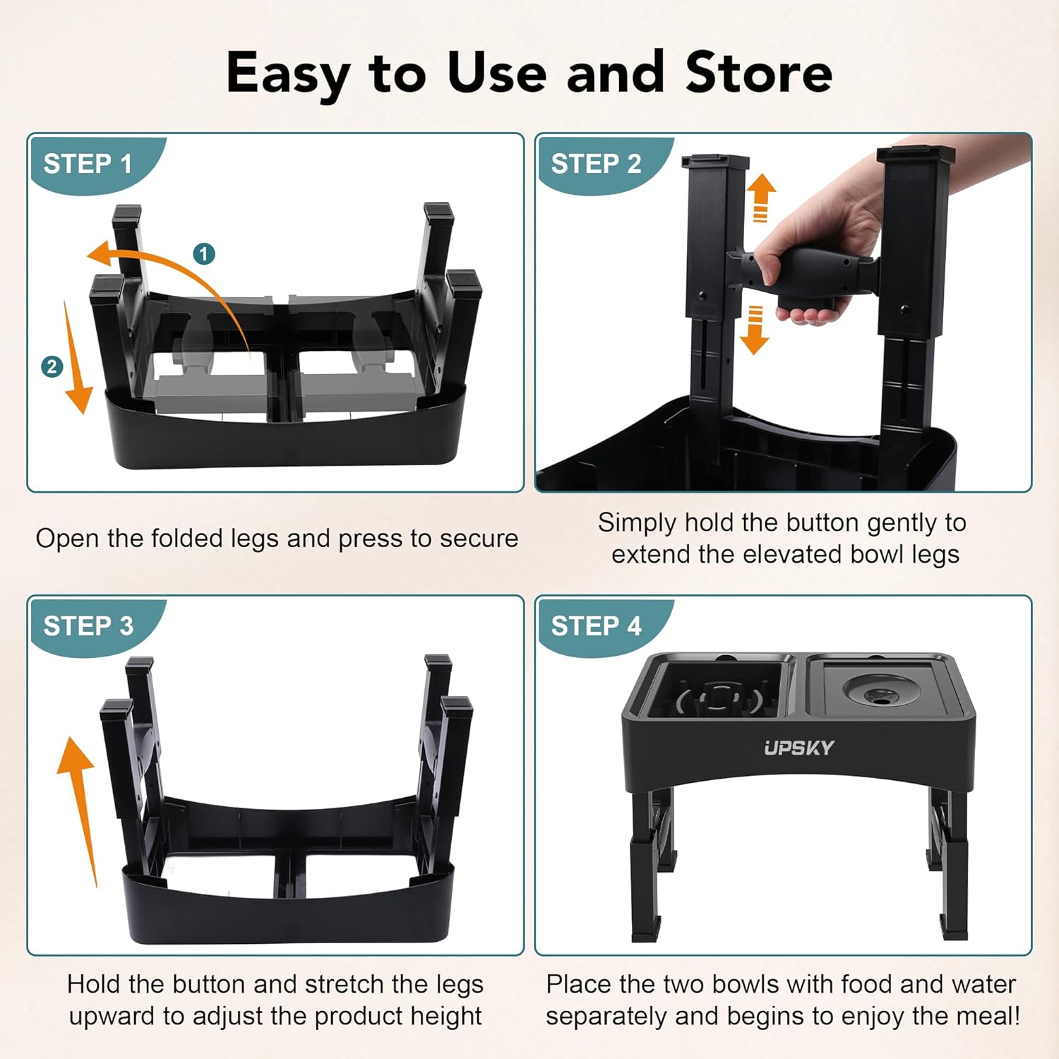 UPSKY 2-in-1 Elevated Dog Bowls Set with 4 Height Adjustable Stand, Balck