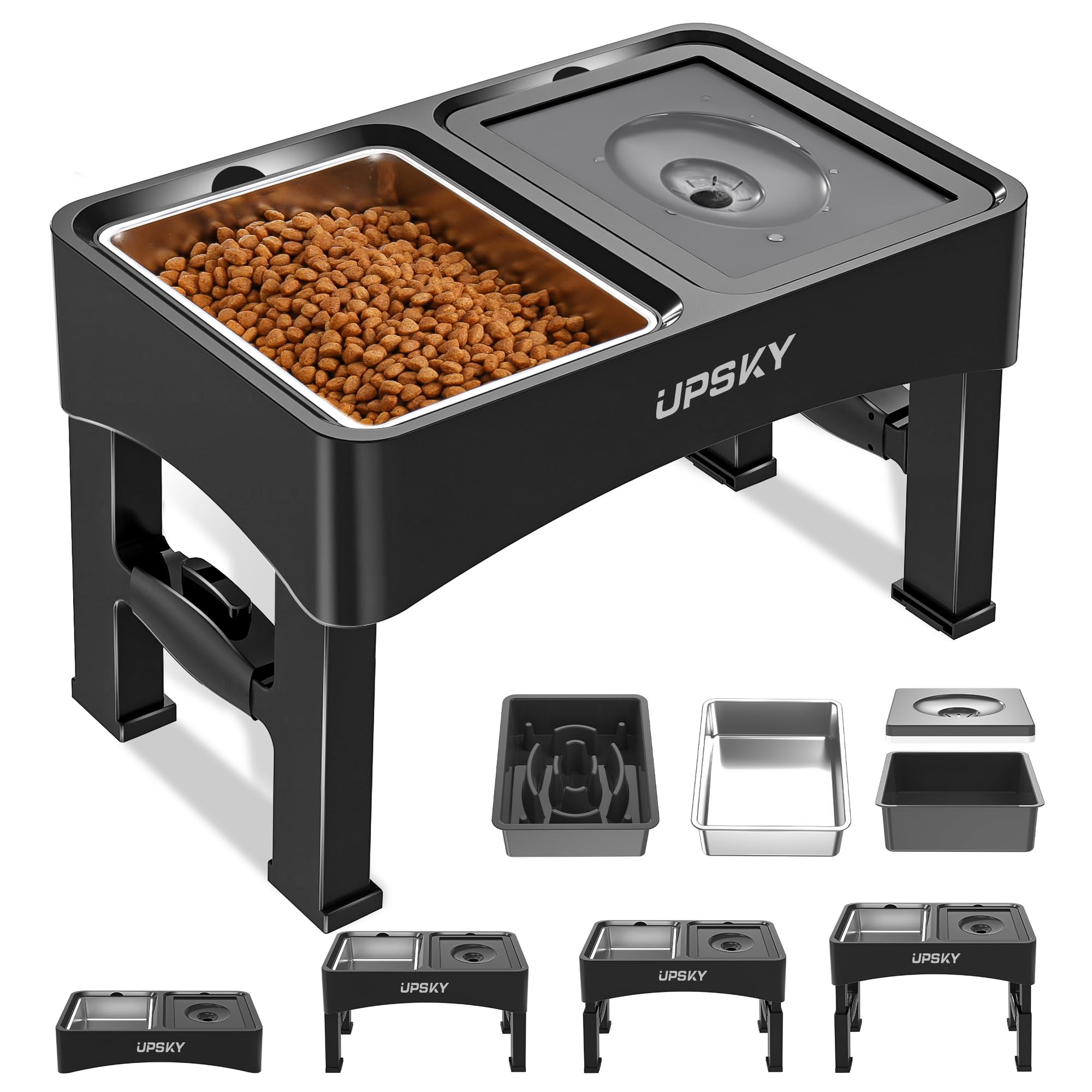 UPSKY 2-in-1 Elevated Dog Bowls Set with 4 Height Adjustable Stand, Balck