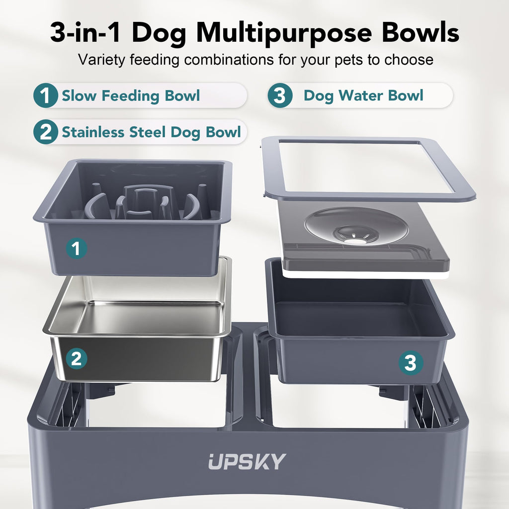UPSKY 2-in-1 Elevated Dog Bowls Set with 4 Height Adjustable Stand, Balck
