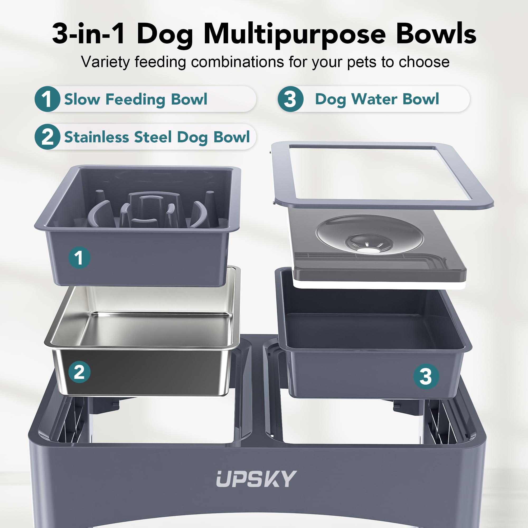 UPSKY 2-in-1 Elevated Dog Bowls Set with 4 Height Adjustable Stand, Balck