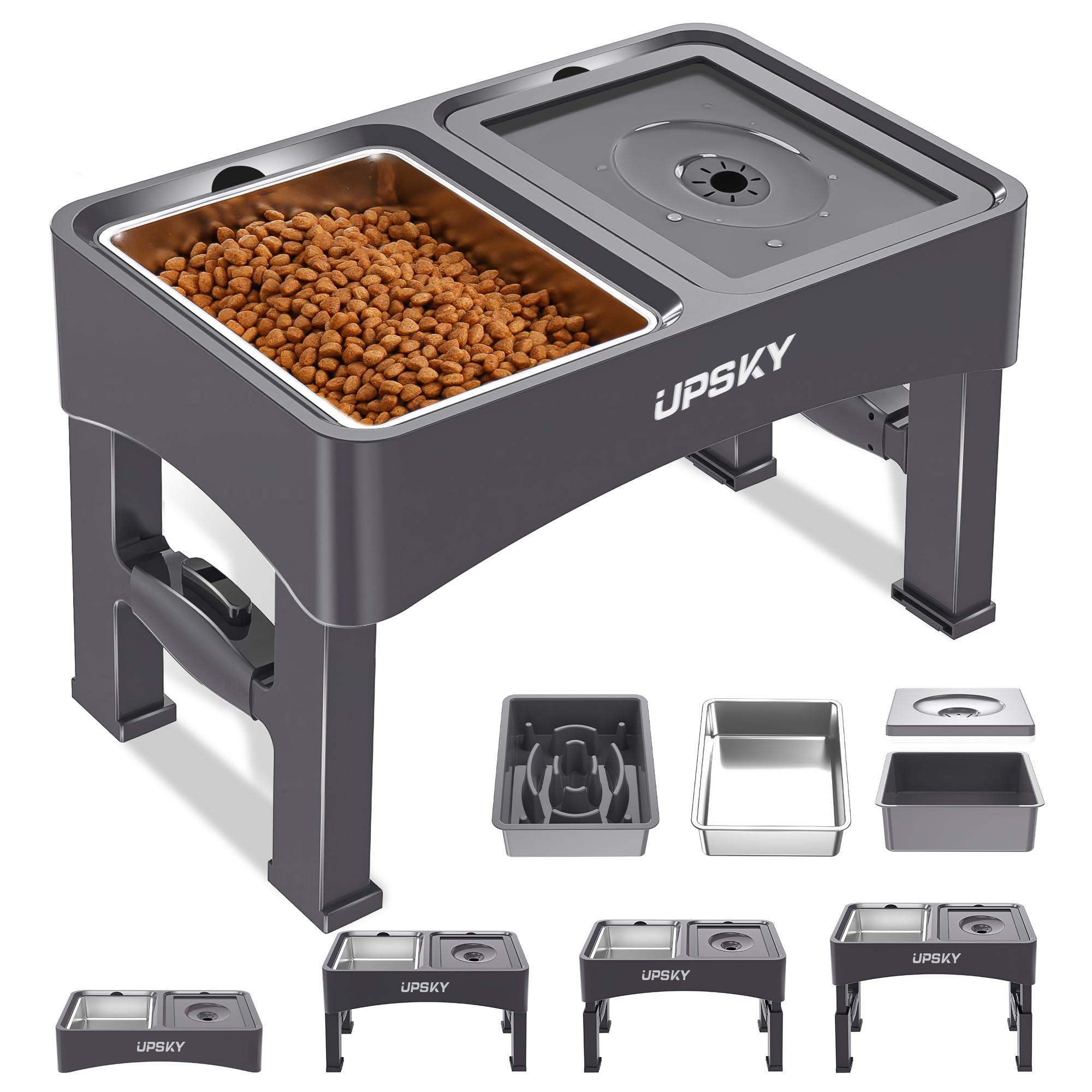 UPSKY 2-in-1 Elevated Dog Bowls Set with 4 Height Adjustable Stand, Balck