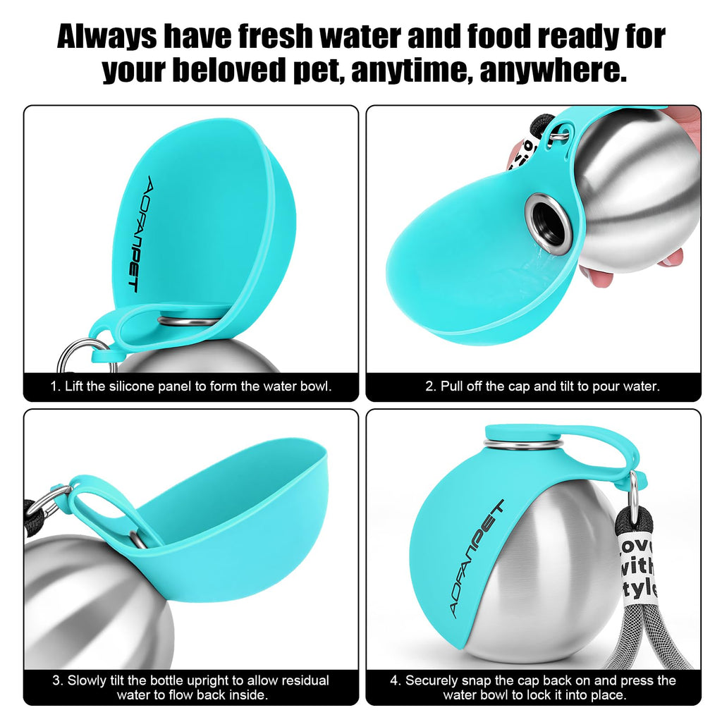 Portable Dog Water Bottle 10oz Stainless Steel Travel Dog Water Dispenser with Bowl No-Spill Puppy Water Bottle for Walking Hiking Small Dog Water Bottle (Sapphire Blue)