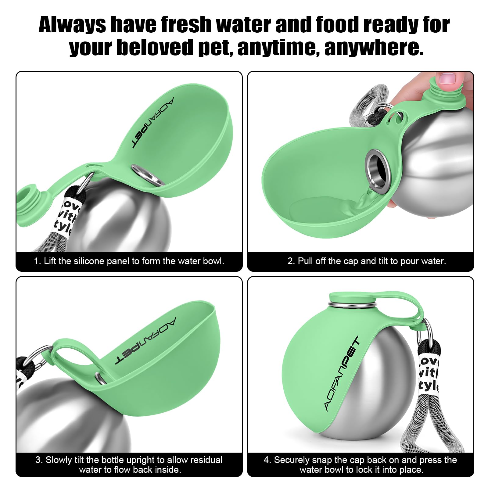 Portable Dog Water Bottle 10oz Stainless Steel Travel Dog Water Dispenser with Bowl No-Spill Puppy Water Bottle for Walking Hiking Small Dog Water Bottle (Sapphire Blue)