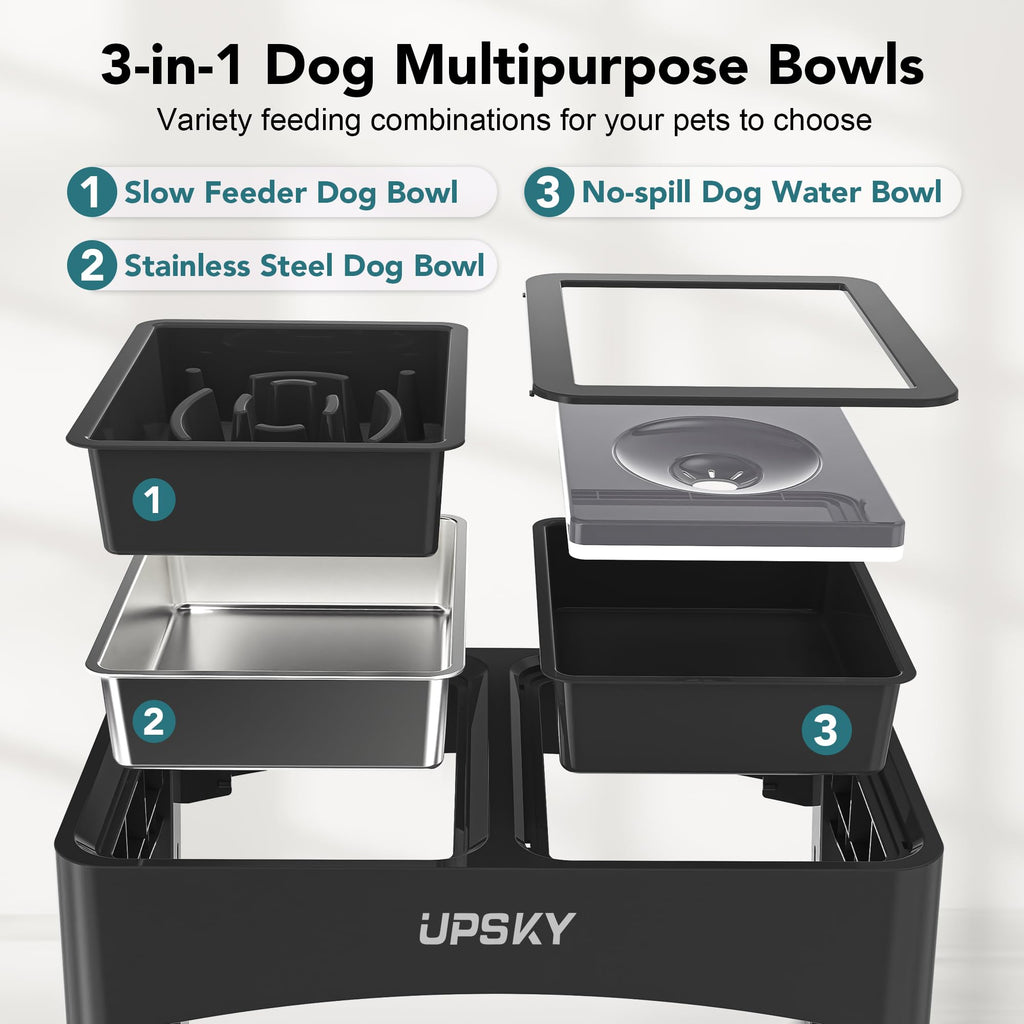 UPSKY 2-in-1 Elevated Dog Bowls Set with 4 Height Adjustable Stand, Balck