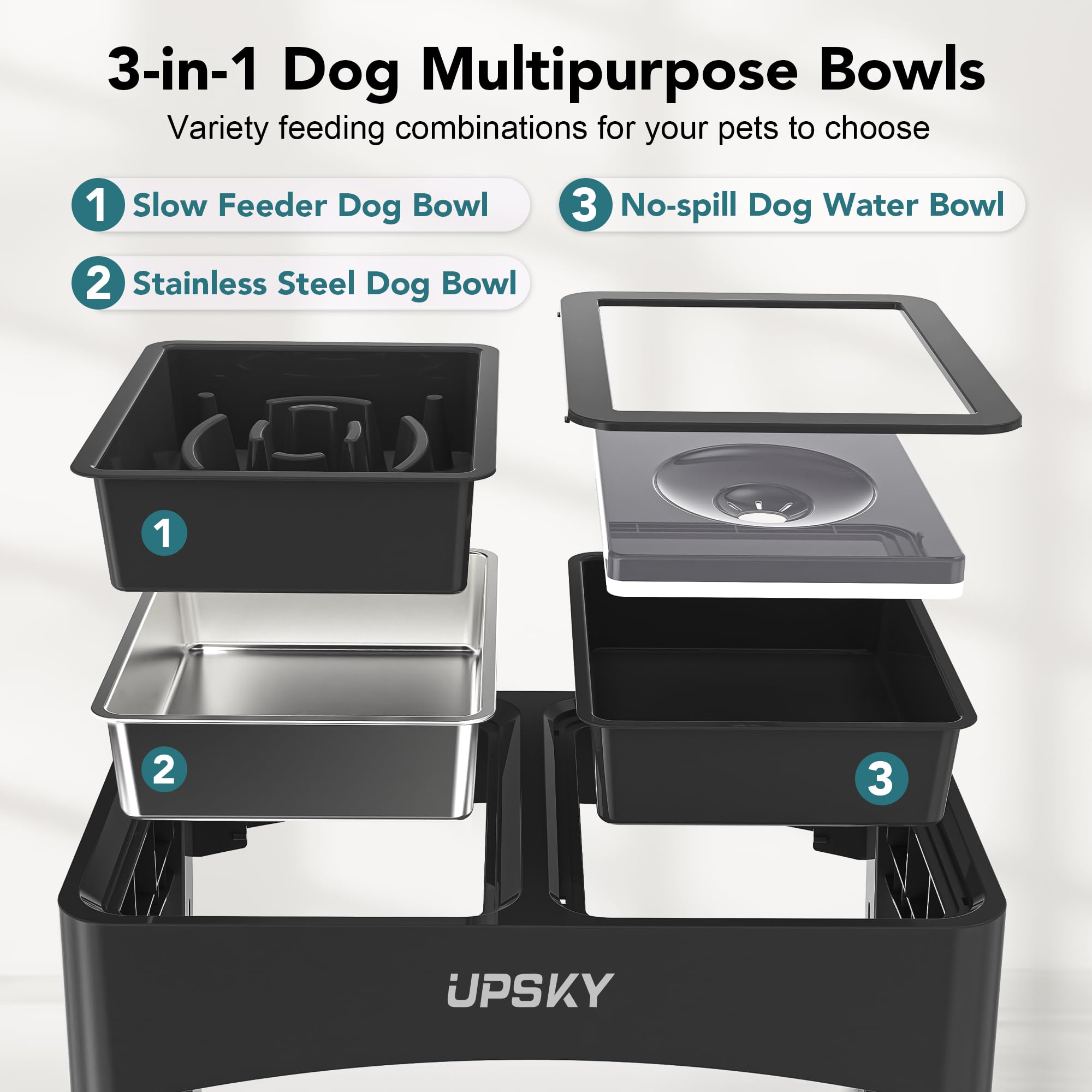 UPSKY 2-in-1 Elevated Dog Bowls Set with 4 Height Adjustable Stand, Balck