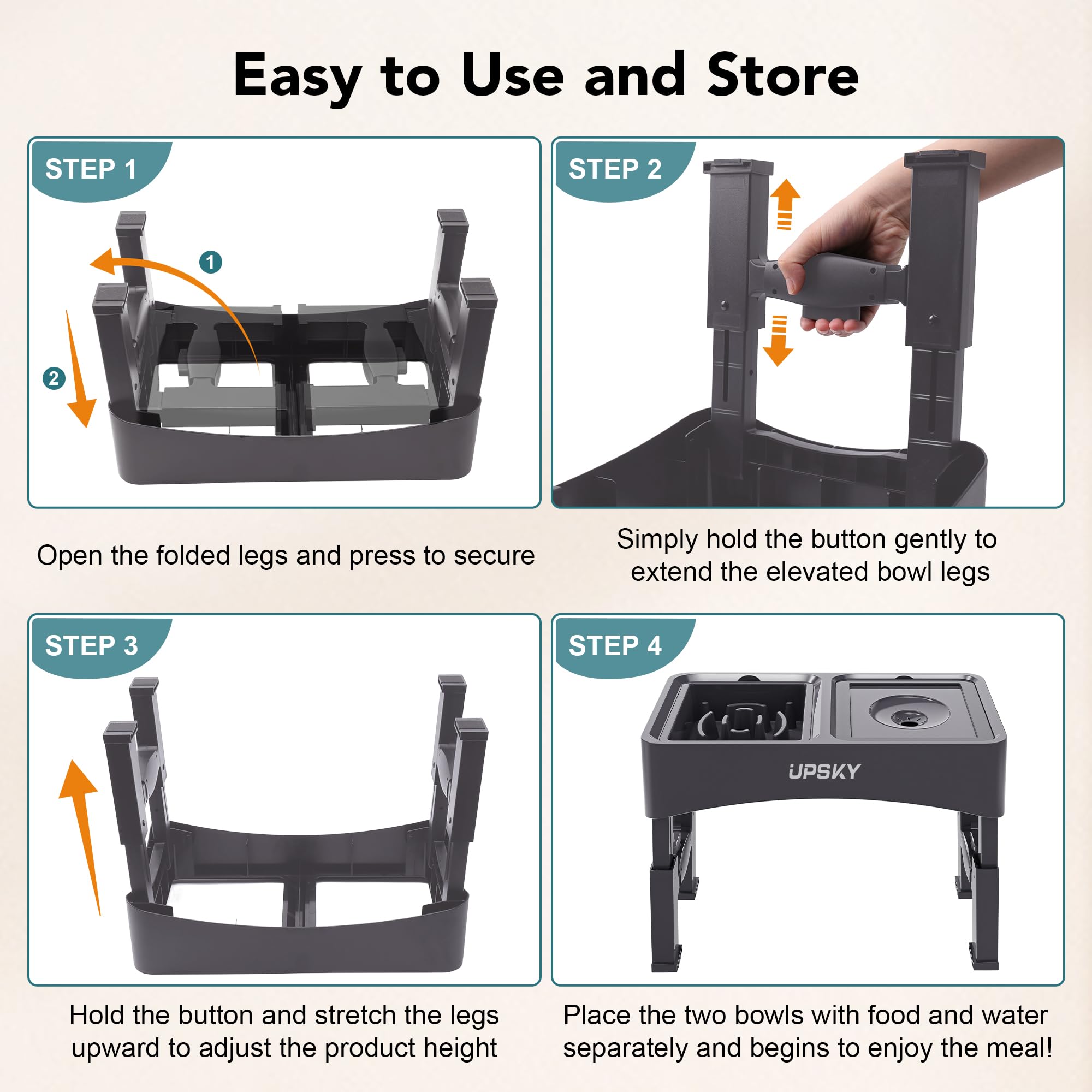 UPSKY 2-in-1 Elevated Dog Bowls Set with 4 Height Adjustable Stand, Balck