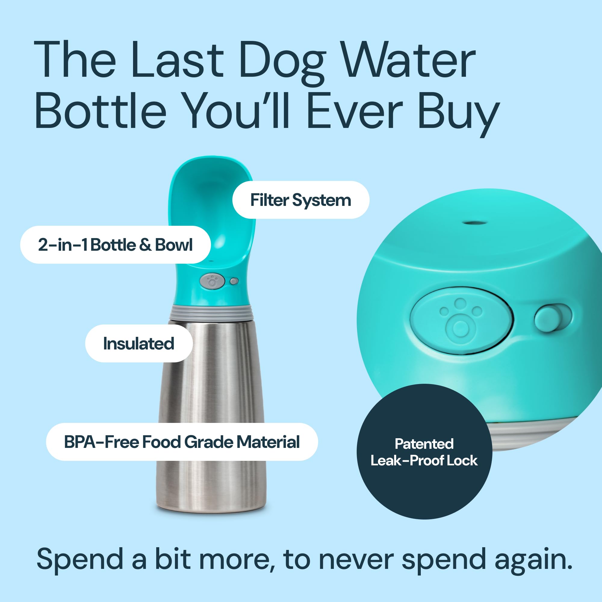 MalsiPree Dog Water Bottle Dispenser - 12 oz Navy Blue, Leak-Proof