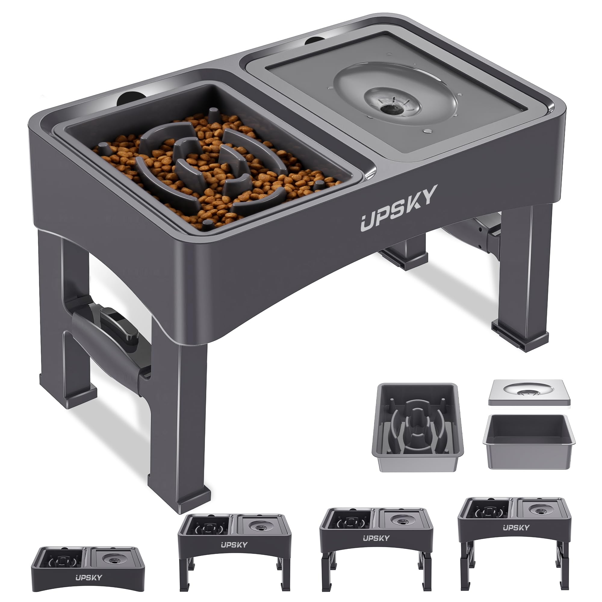 UPSKY 2-in-1 Elevated Dog Bowls Set with 4 Height Adjustable Stand, Balck