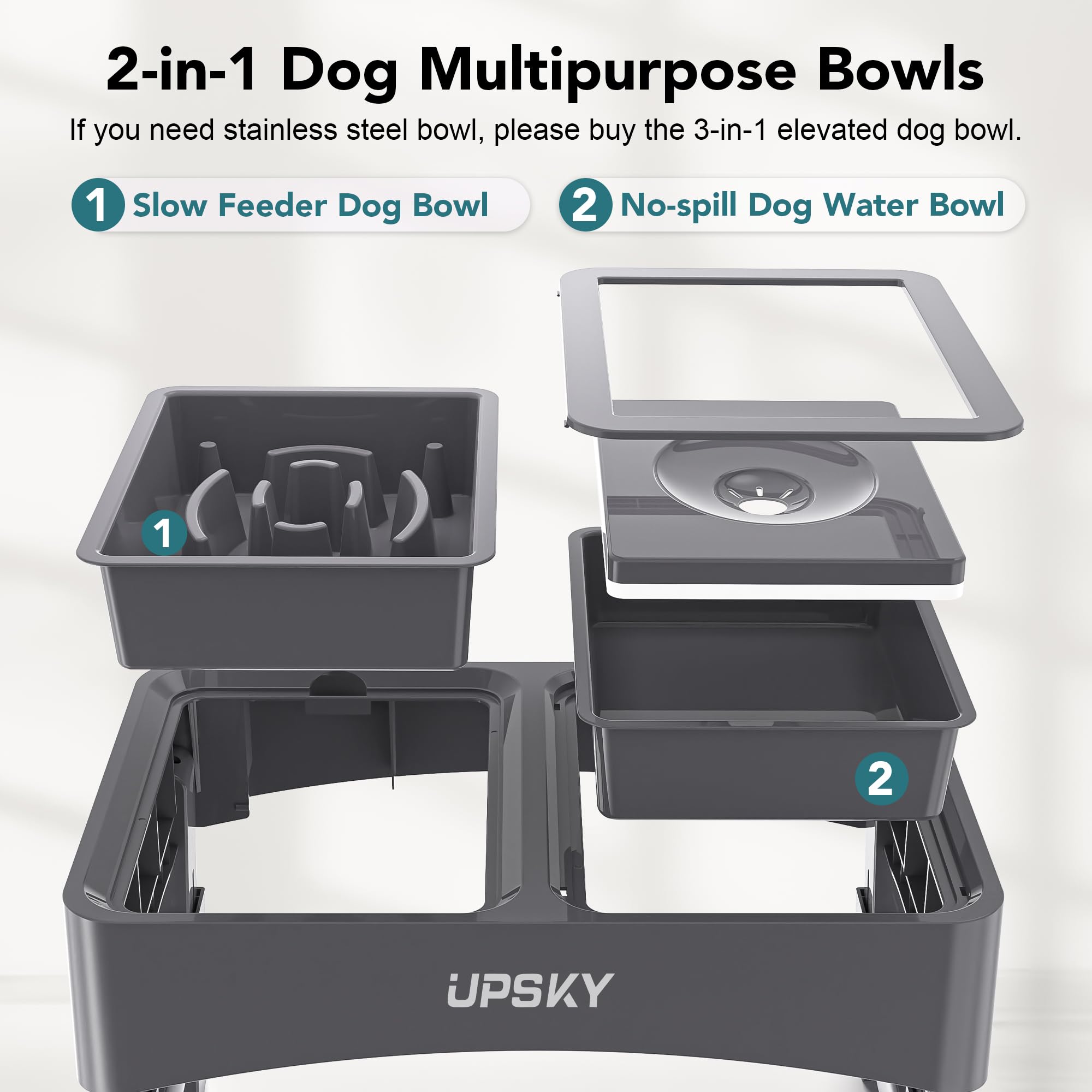 UPSKY 2-in-1 Elevated Dog Bowls Set with 4 Height Adjustable Stand, Balck