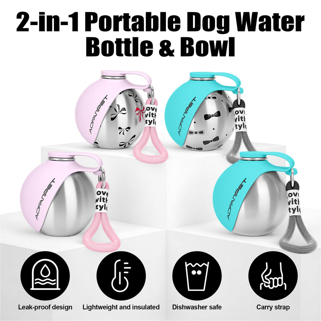 Portable Dog Water Bottle 10oz Stainless Steel Travel Dog Water Dispenser with Bowl No-Spill Puppy Water Bottle for Walking Hiking Small Dog Water Bottle (Sapphire Blue)
