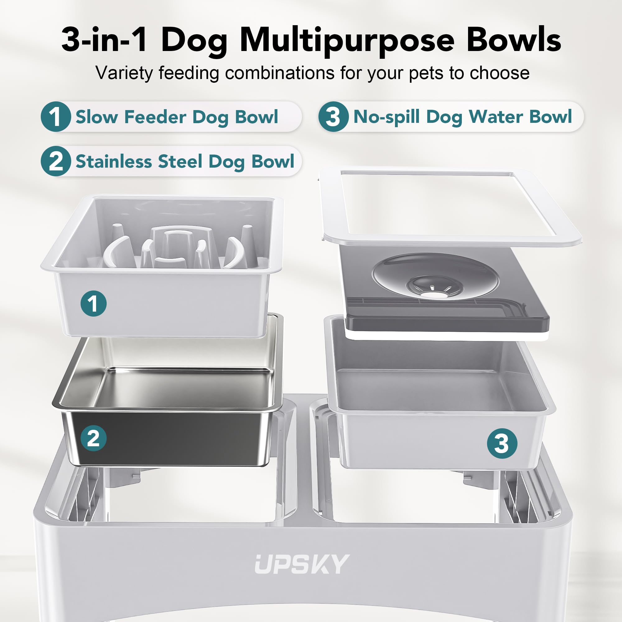 UPSKY 2-in-1 Elevated Dog Bowls Set with 4 Height Adjustable Stand, Balck