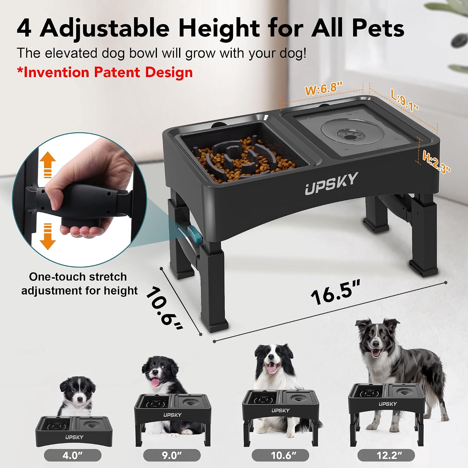 UPSKY 2-in-1 Elevated Dog Bowls Set with 4 Height Adjustable Stand, Balck