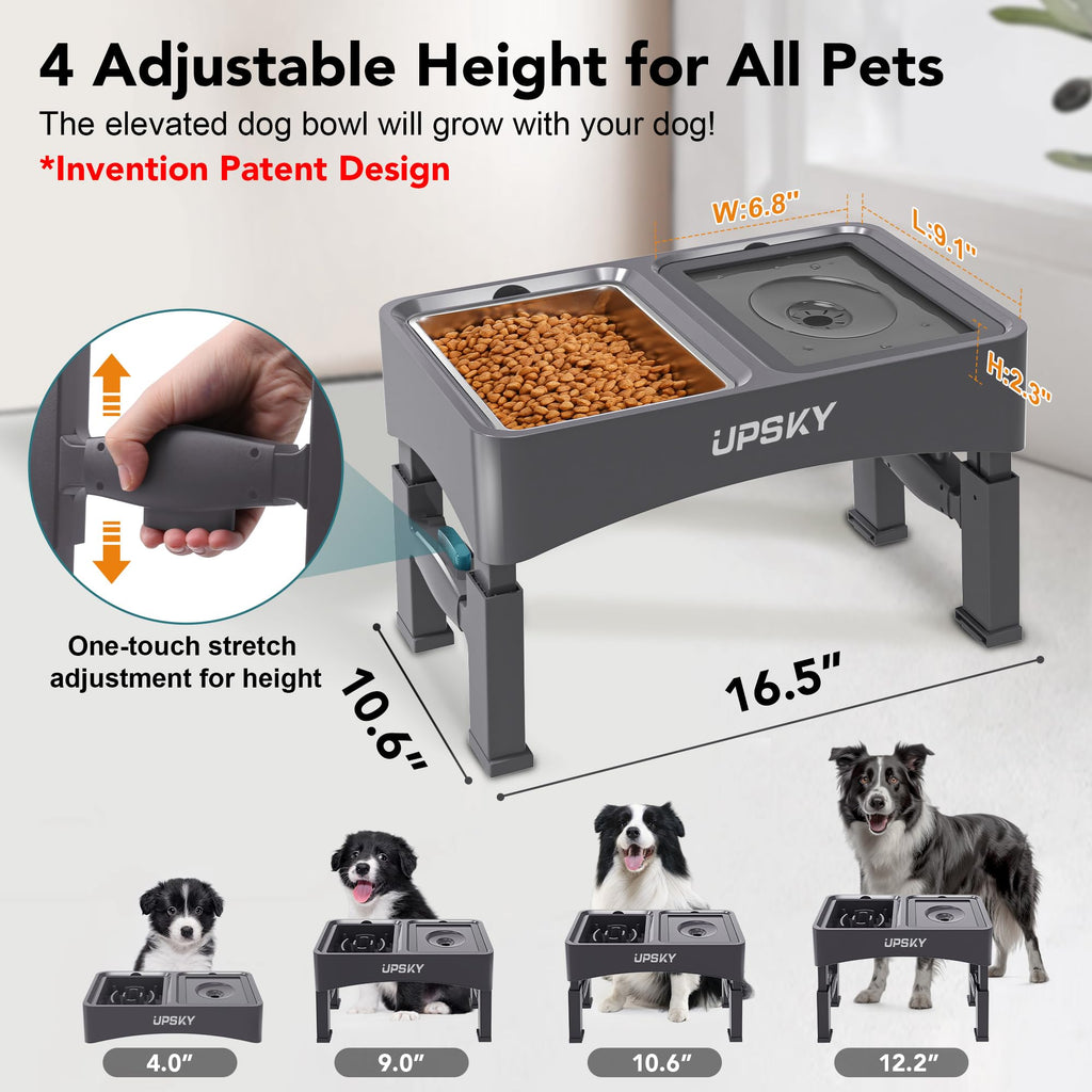 UPSKY 2-in-1 Elevated Dog Bowls Set with 4 Height Adjustable Stand, Balck