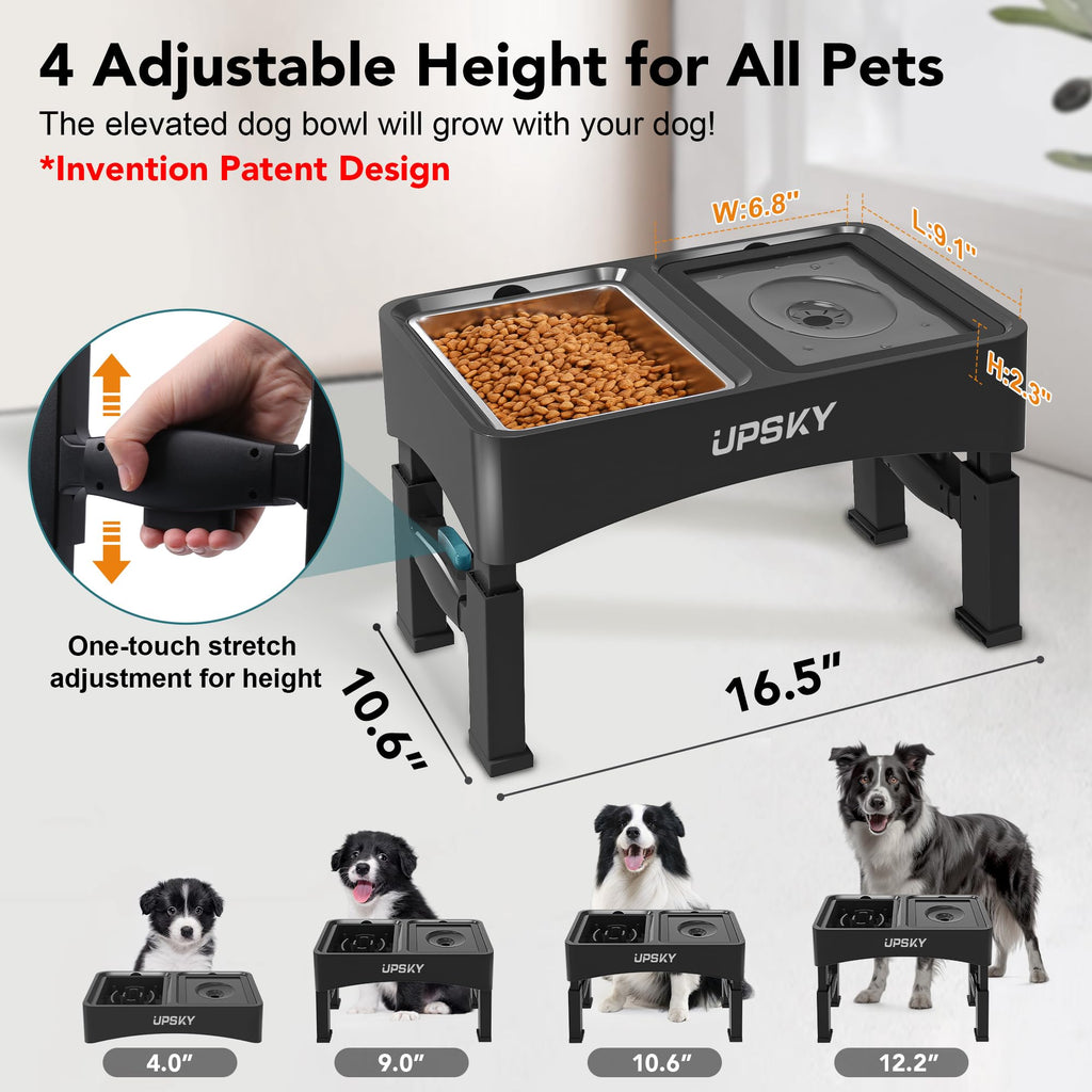 UPSKY 2-in-1 Elevated Dog Bowls Set with 4 Height Adjustable Stand, Balck