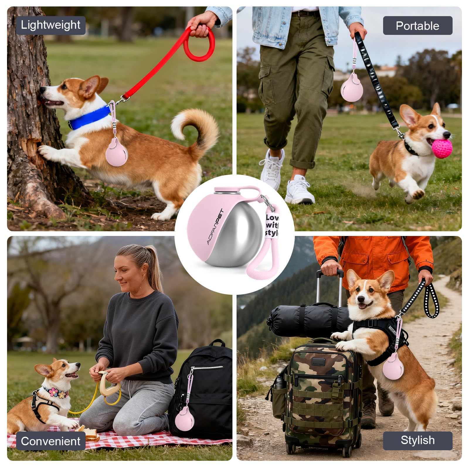 Portable Dog Water Bottle 10oz Stainless Steel Travel Dog Water Dispenser with Bowl No-Spill Puppy Water Bottle for Walking Hiking Small Dog Water Bottle (Sapphire Blue)