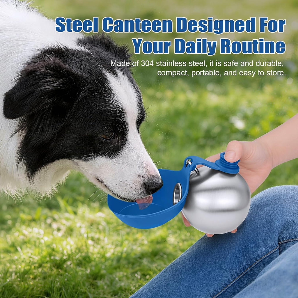 Portable Dog Water Bottle 10oz Stainless Steel Travel Dog Water Dispenser with Bowl No-Spill Puppy Water Bottle for Walking Hiking Small Dog Water Bottle (Sapphire Blue)