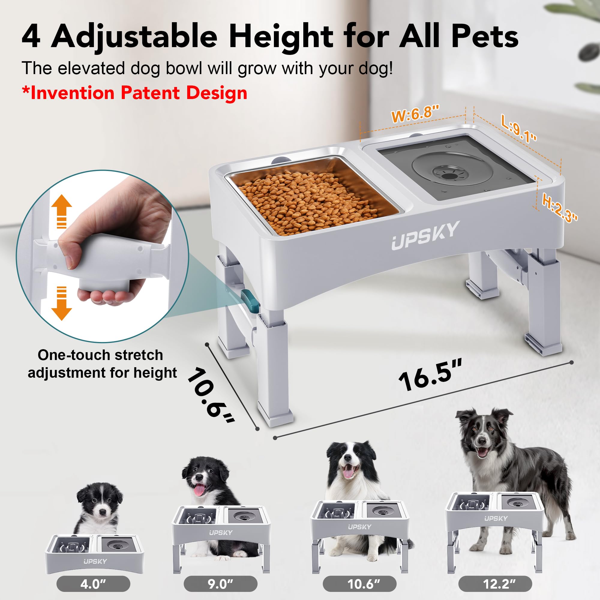 UPSKY 2-in-1 Elevated Dog Bowls Set with 4 Height Adjustable Stand, Balck