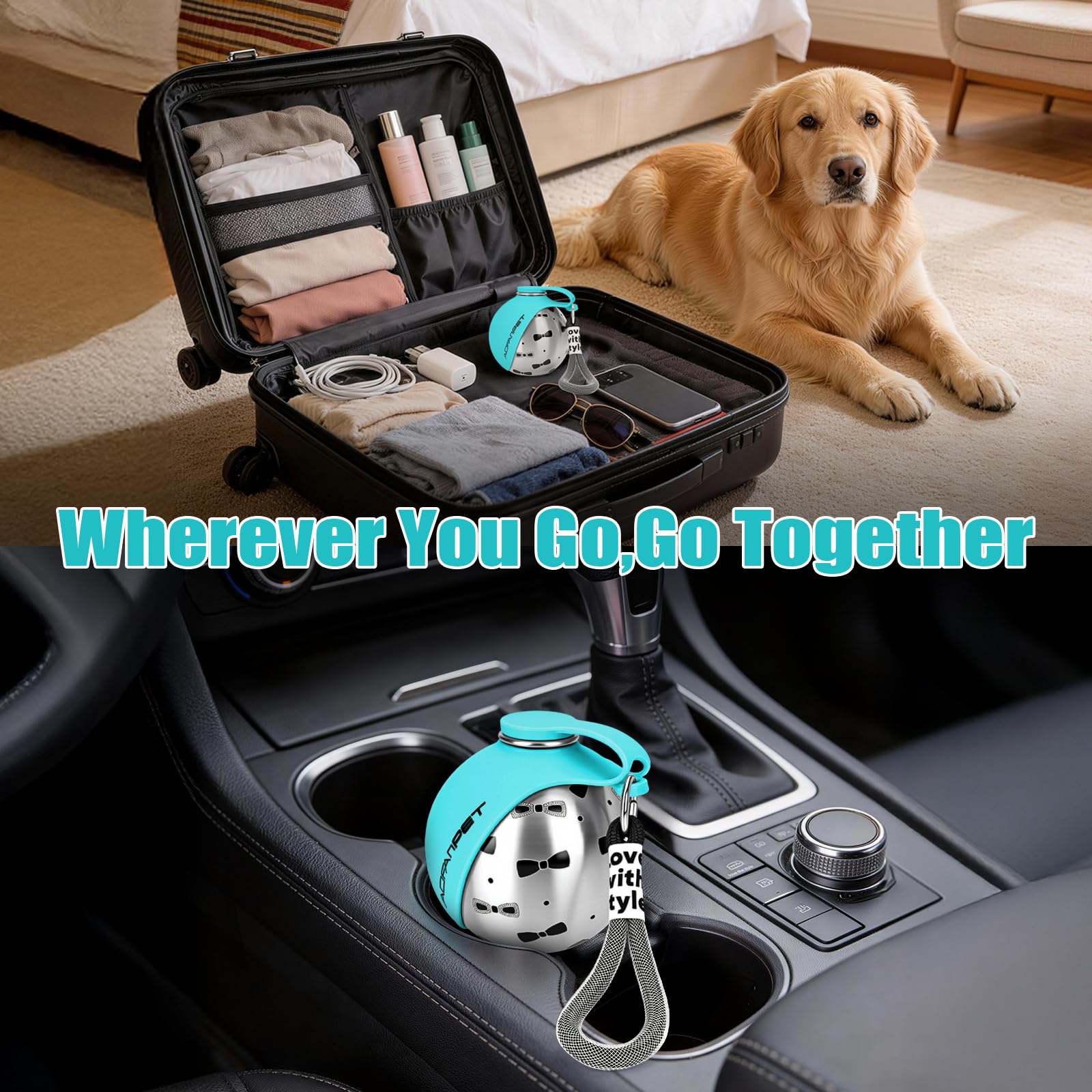 Portable Dog Water Bottle 10oz Stainless Steel Travel Dog Water Dispenser with Bowl No-Spill Puppy Water Bottle for Walking Hiking Small Dog Water Bottle (Sapphire Blue)