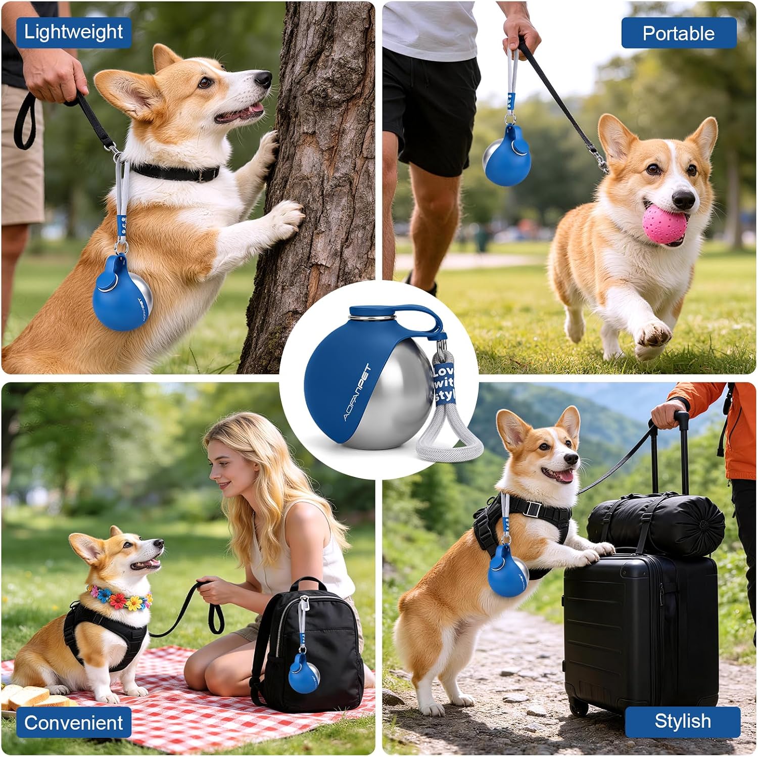 Portable Dog Water Bottle 10oz Stainless Steel Travel Dog Water Dispenser with Bowl No-Spill Puppy Water Bottle for Walking Hiking Small Dog Water Bottle (Sapphire Blue)