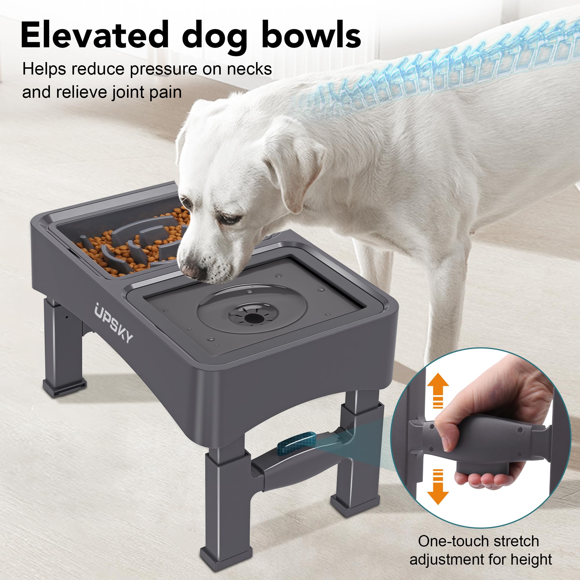 UPSKY 2-in-1 Elevated Dog Bowls Set with 4 Height Adjustable Stand, Balck