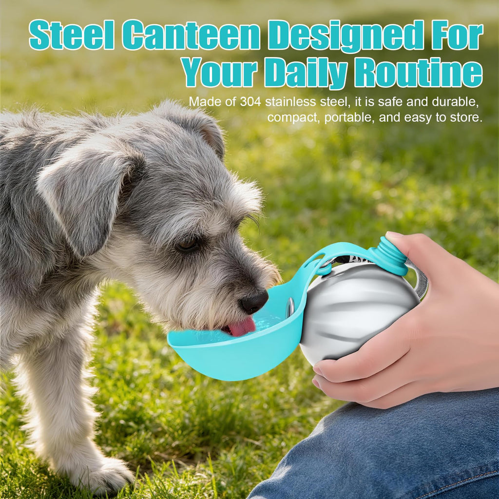 Portable Dog Water Bottle 10oz Stainless Steel Travel Dog Water Dispenser with Bowl No-Spill Puppy Water Bottle for Walking Hiking Small Dog Water Bottle (Sapphire Blue)