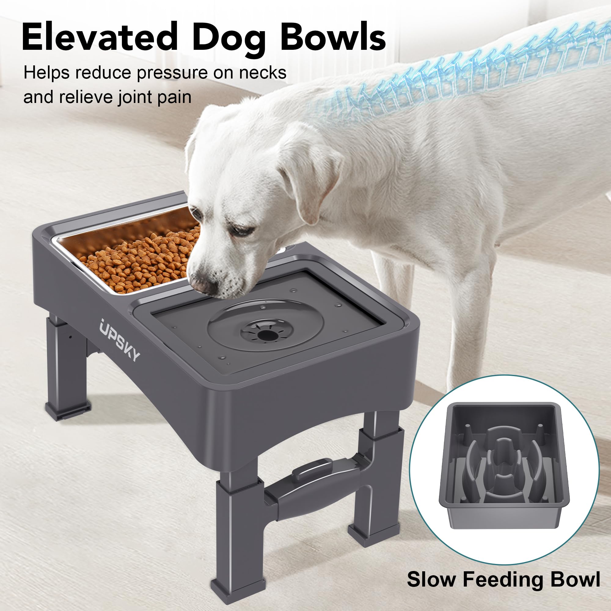 UPSKY 2-in-1 Elevated Dog Bowls Set with 4 Height Adjustable Stand, Balck