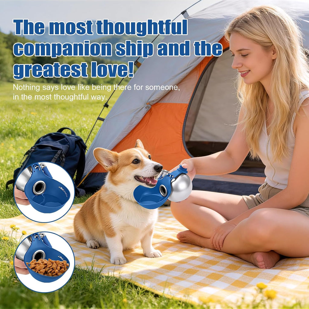 Portable Dog Water Bottle 10oz Stainless Steel Travel Dog Water Dispenser with Bowl No-Spill Puppy Water Bottle for Walking Hiking Small Dog Water Bottle (Sapphire Blue)