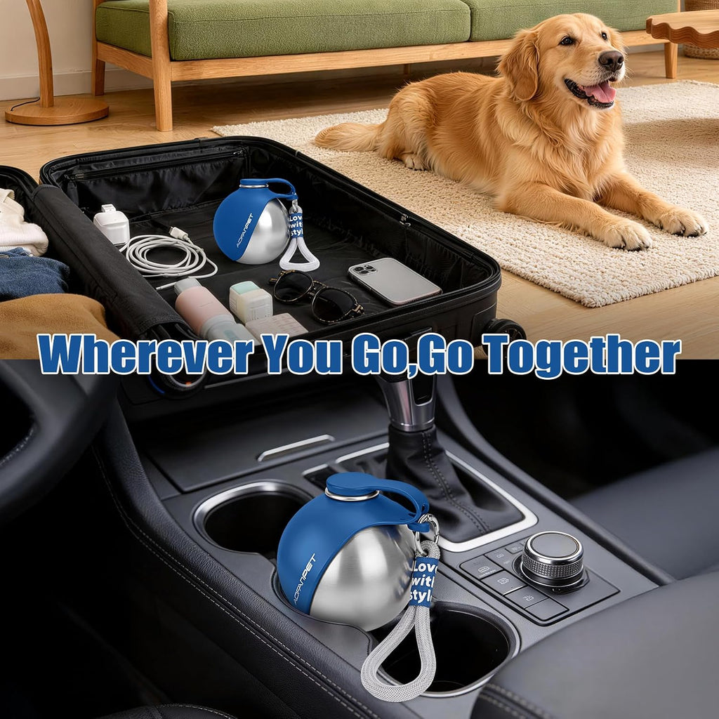 Portable Dog Water Bottle 10oz Stainless Steel Travel Dog Water Dispenser with Bowl No-Spill Puppy Water Bottle for Walking Hiking Small Dog Water Bottle (Sapphire Blue)