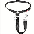 Ceinture de sécurité pour chien, double sangle noire avec agrafes et mousqueton.