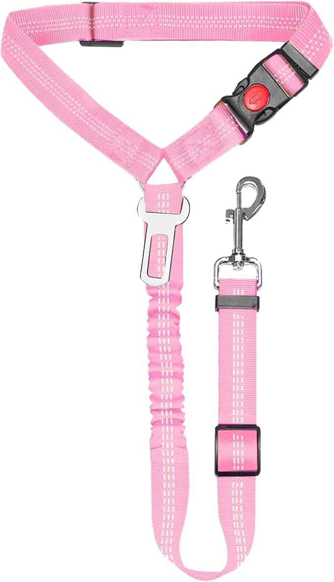 Ceinture de sécurité pour chien rose, sangle télescopique avec mousqueton et attache.