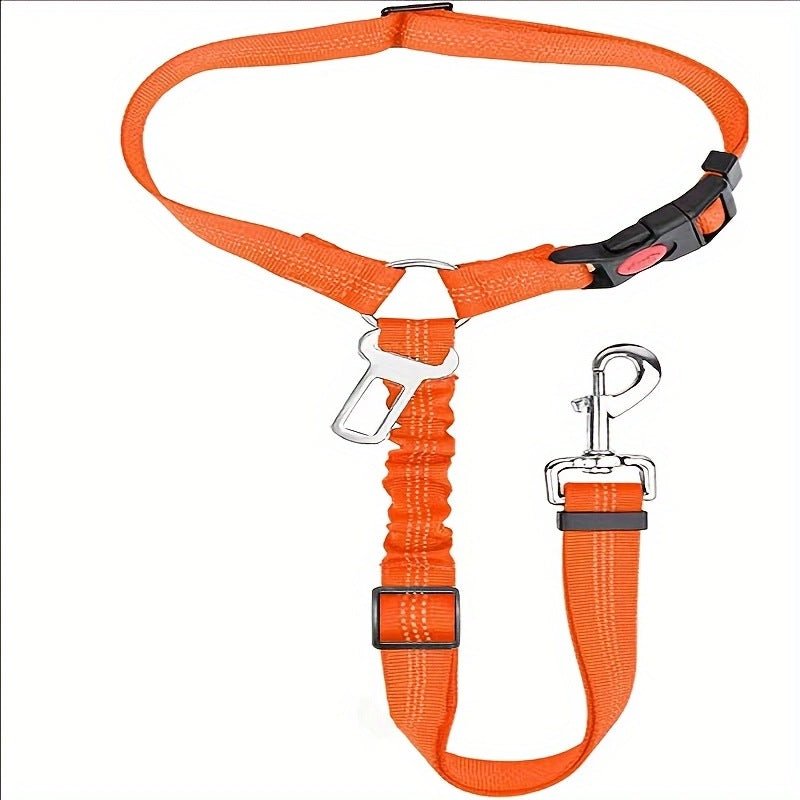 Ceinture de sécurité pour chien orange, harnais à sangle télescopique et mousqueton.