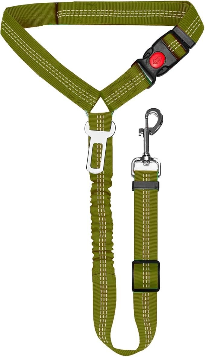 Ceinture de sécurité pour chien vert militaire, sangle télescopique avec mousqueton.
