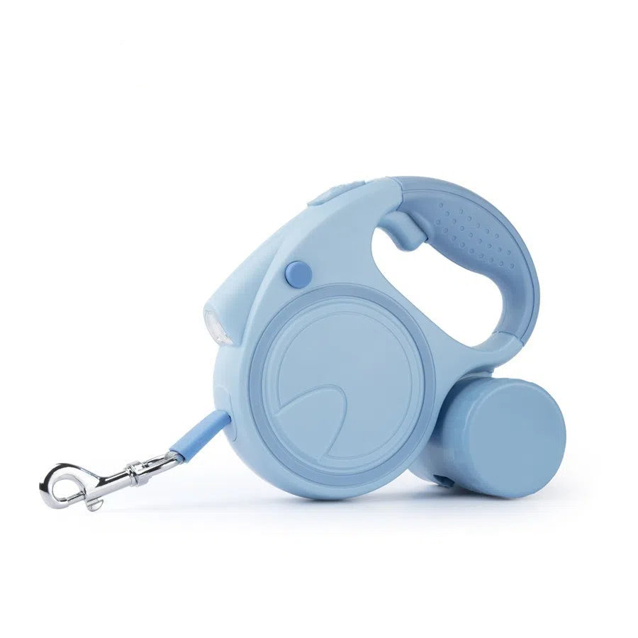Laisse rétractable automatique pour chien, boîtier bleu clair et poignée bleu clair