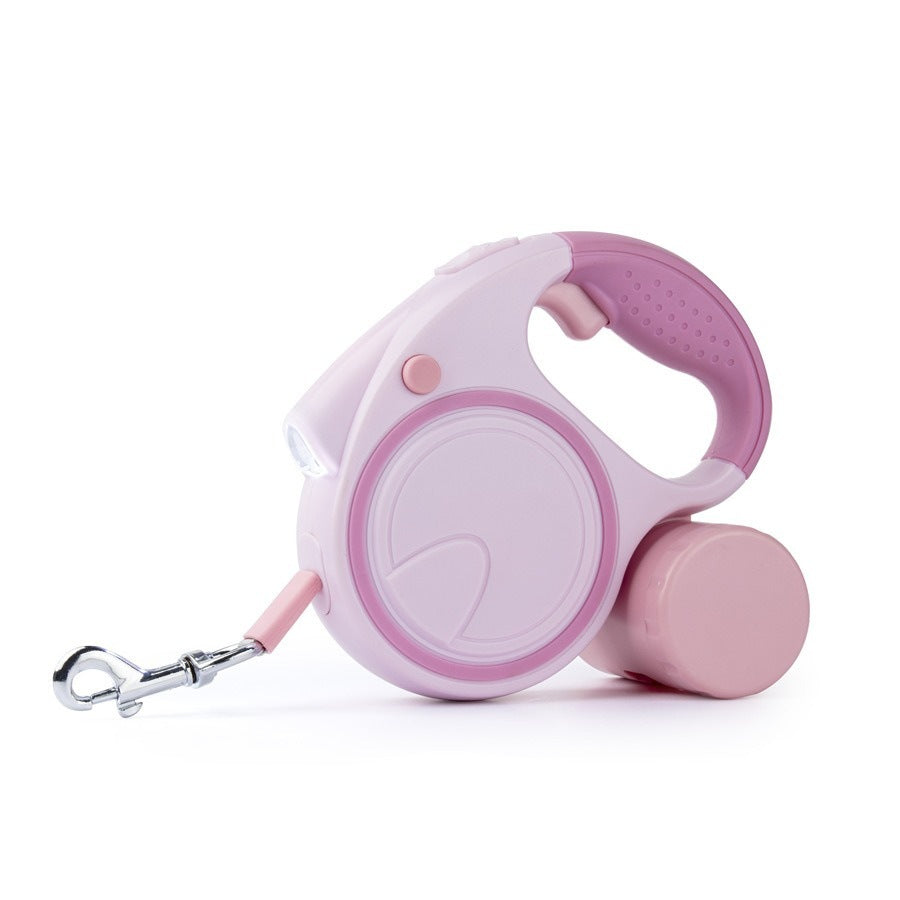 Laisse rétractable automatique pour chien, boîtier rose avec poignée et bouton rose pâle
