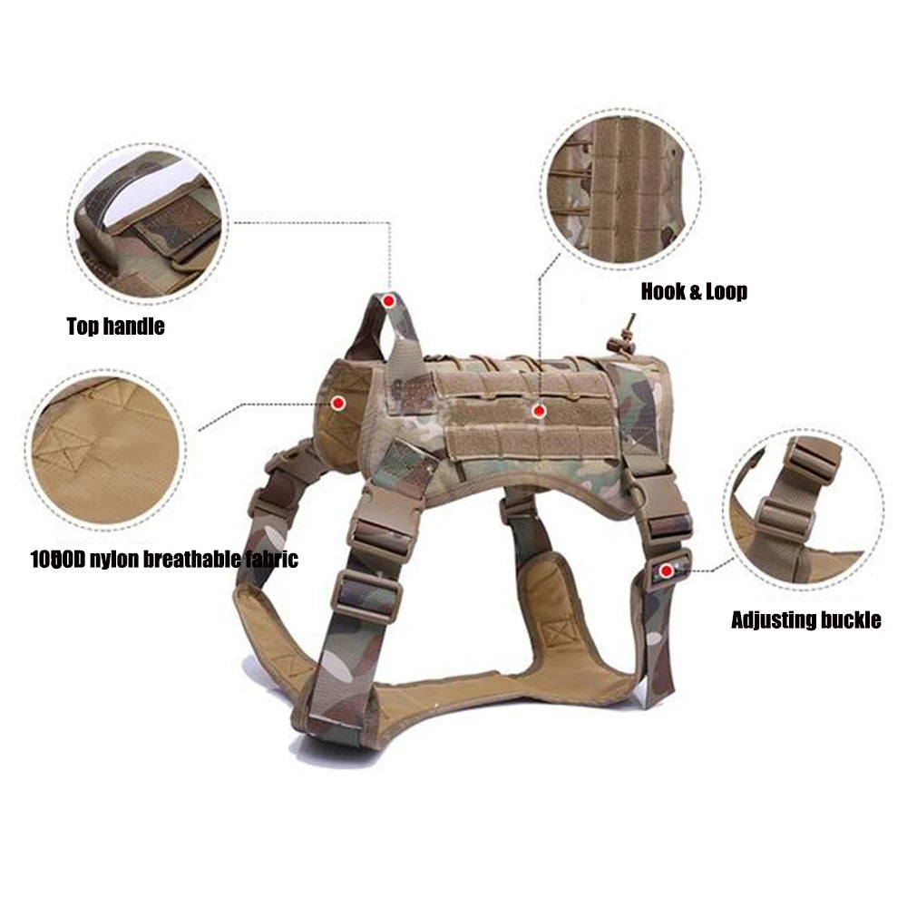 Gilet tactique pour chien en camouflage, sangles ajustables et attache crochet-accroche