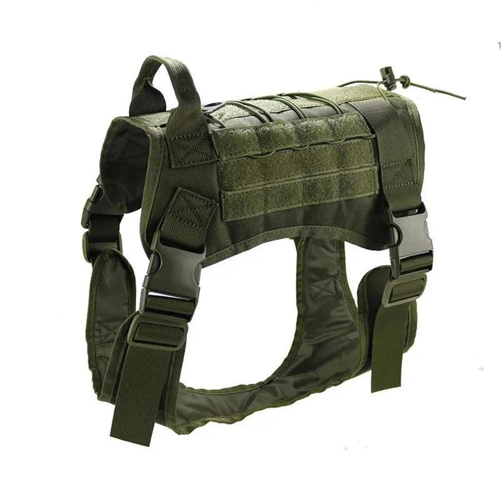 Gilet tactique pour chien vert olive, harnais avec sangles réglables et renforts