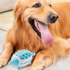 Balle distributrice de croquettes bleue en silicone, le chien la tient dans sa gueule
