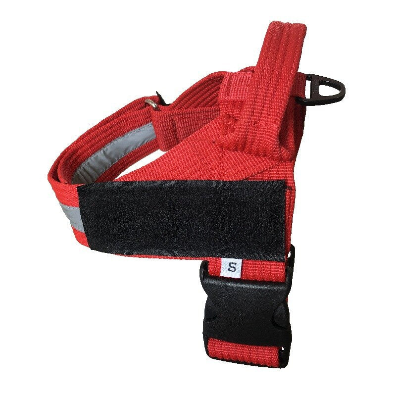 Harnais-gilet rouge ajustable pour chien, large sangle noire et étiquette « S »