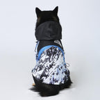 Manteau coupe-vent pour chien noir avec capuche couvrante, motif bleu et blanc