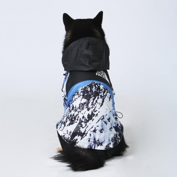 Manteau coupe-vent pour chien noir avec capuche couvrante, motif bleu et blanc
