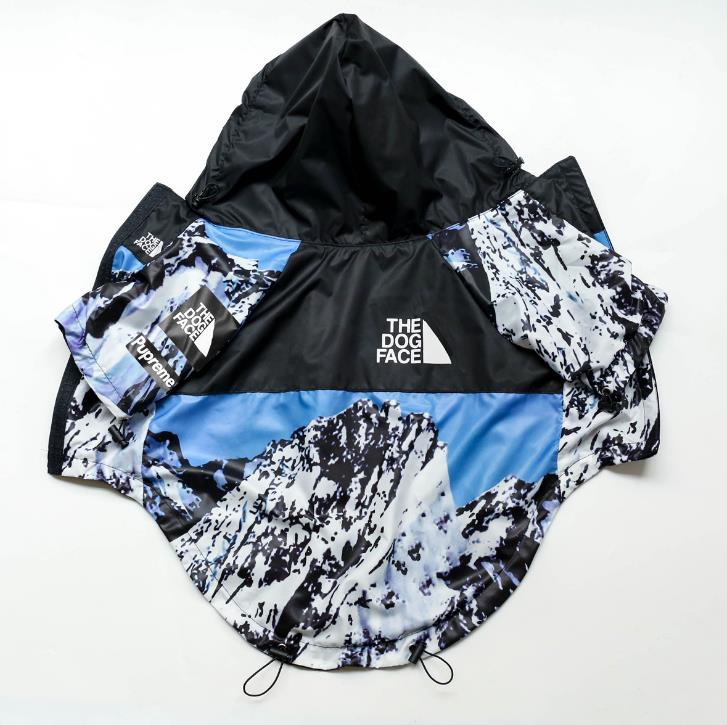 Manteau coupe-vent chien bleu et blanc, capuche et logo The North Face